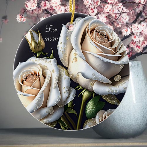 Gorgeous white roses with golden details ceramic ornament