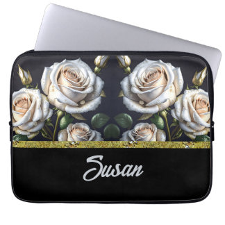 Gorgeous white roses with golden details, elegant  laptop sleeve