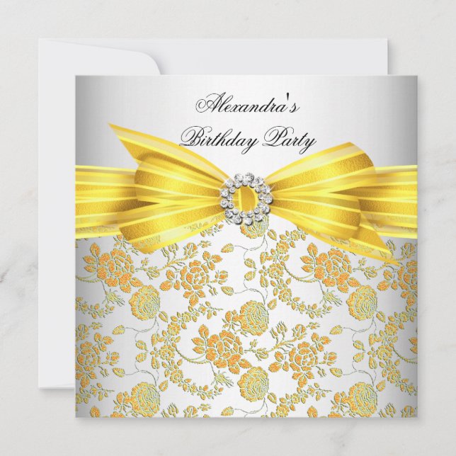 Gorgeous White Yellow Rose Damask Birthday Party Invitation (Front)