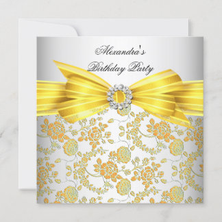 Gorgeous White Yellow Rose Damask Birthday Party Invitation