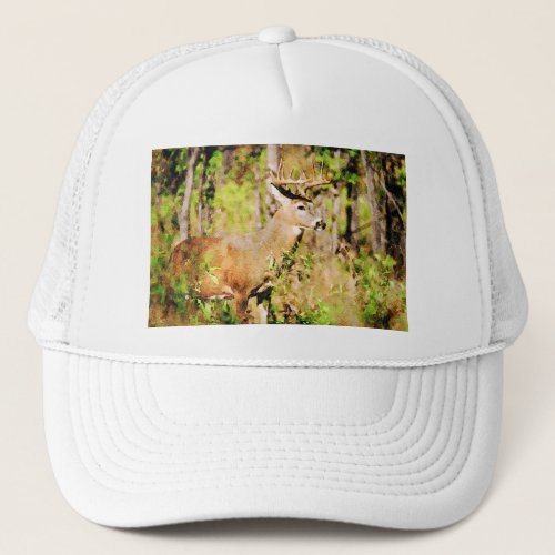 Gorgeous Whitetail Deer Buck Watercolor Painting Trucker Hat
