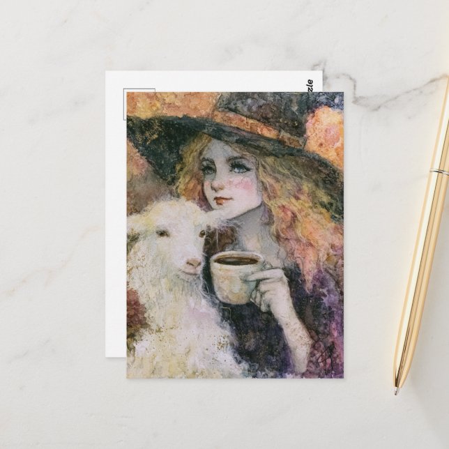 Gorgeous Witch and a White Angora Goat Coffee Postcard (Front/Back In Situ)