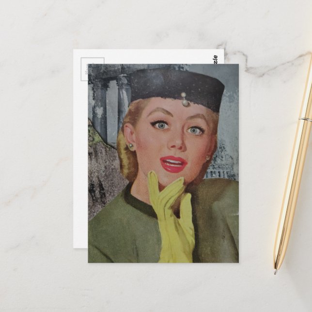 Gorgeous Woman From 1950s era Collage Postcard (Front/Back In Situ)