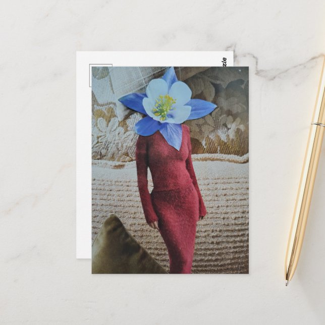 Gorgeous Woman With Flower Head Collage Postcard (Front/Back In Situ)