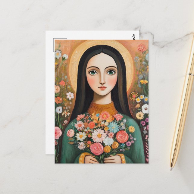 Gorgeous Woman With Flowers Postcard (Front/Back In Situ)