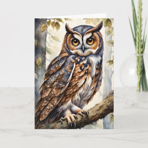 Gorgeous Wood Owl on Tree Branch Leaves Blank Card