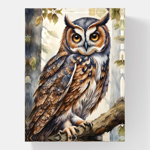 Gorgeous Wood Owl on Tree Branch Leaves Paperweight