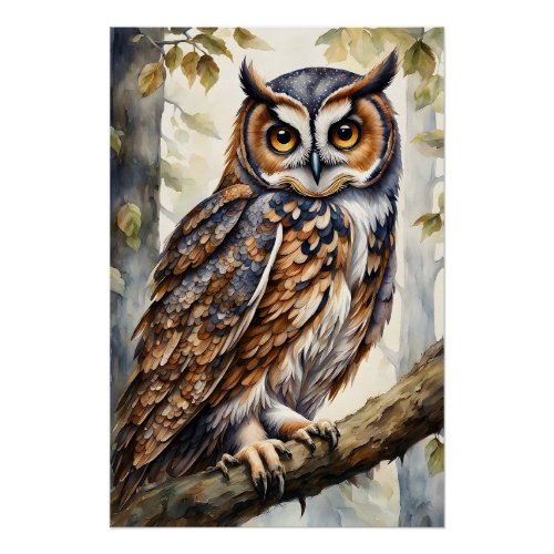 Gorgeous Wood Owl on Tree Branch Leaves Poster