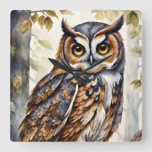 Gorgeous Wood Owl on Tree Branch Leaves Square Wall Clock