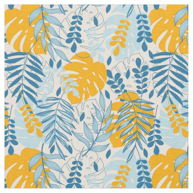 Gorgeous Yellow and Blue Tropical Plants Fabric (Close Up)