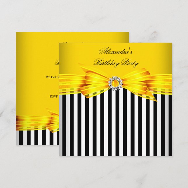 Gorgeous Yellow Black White Stripe Birthday Party Invitation (Front/Back)