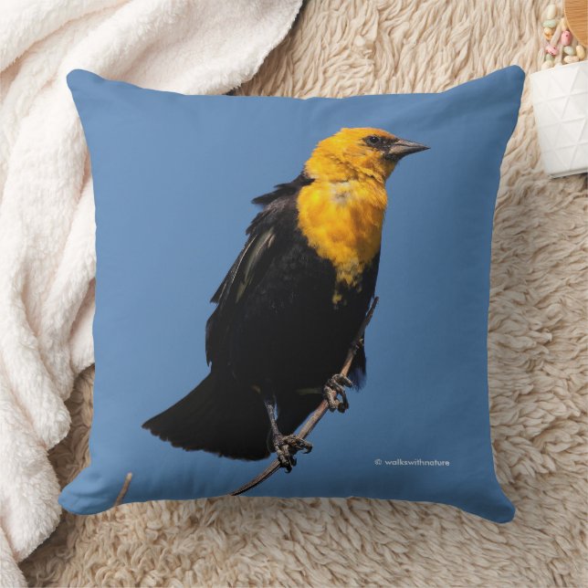 Gorgeous Yellow-Headed Blackbird on a Windy Day Throw Pillow (Blanket)