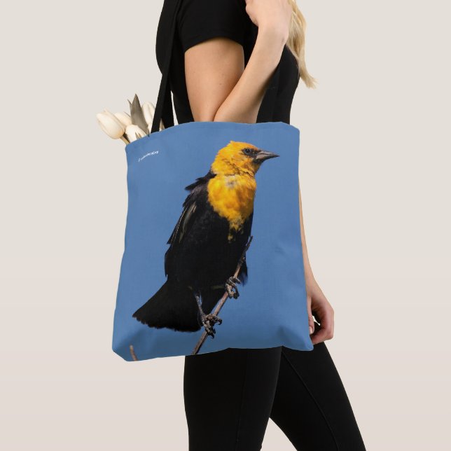 Gorgeous Yellow-Headed Blackbird on a Windy Day Tote Bag (Close Up)