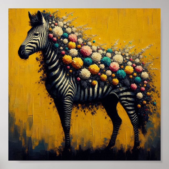 Gorgeous Zebra and Flowers on a Yellow Background Poster (Front)