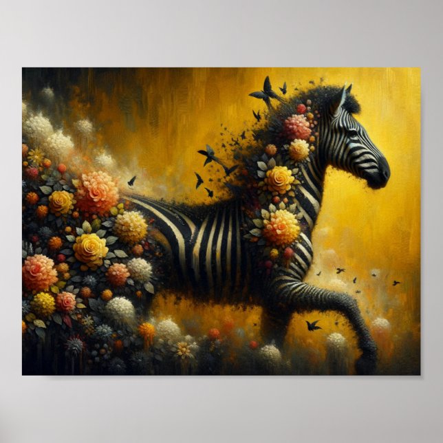 Gorgeous Zebra and Flowers on a Yellow Background Poster (Front)
