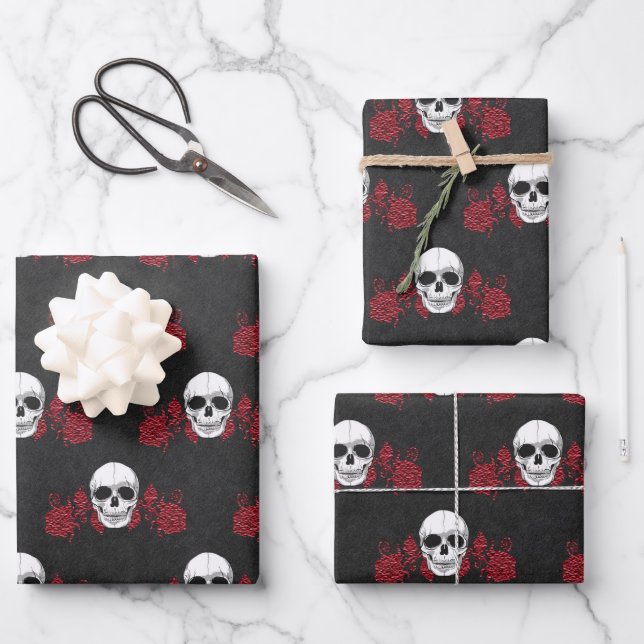 Gorgeously Gothic Red & Black Skull Wrapping Paper (Front)