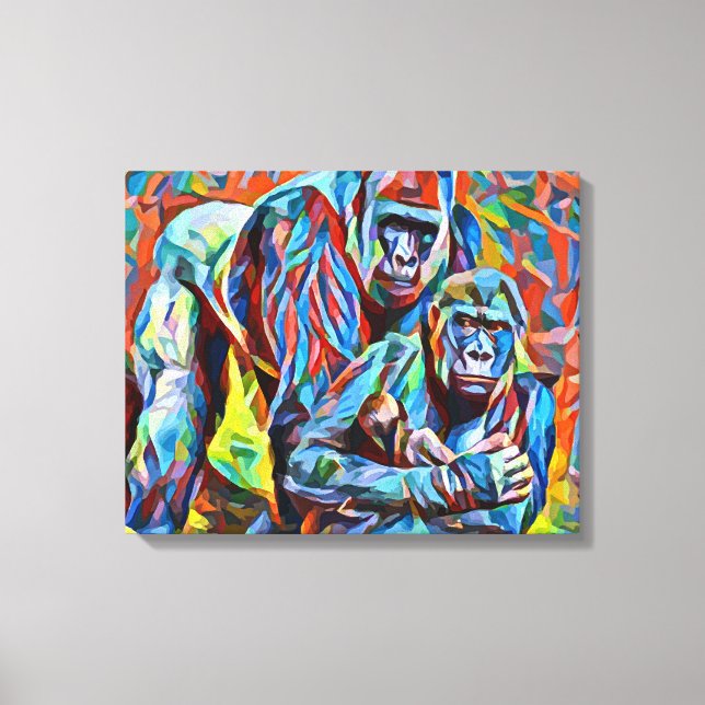 Gorilla Ape Family Abstract Animals Wildlife Art Canvas Print (Front)