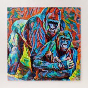 Gorilla Ape Family Abstract Animals Wildlife Art Jigsaw Puzzle
