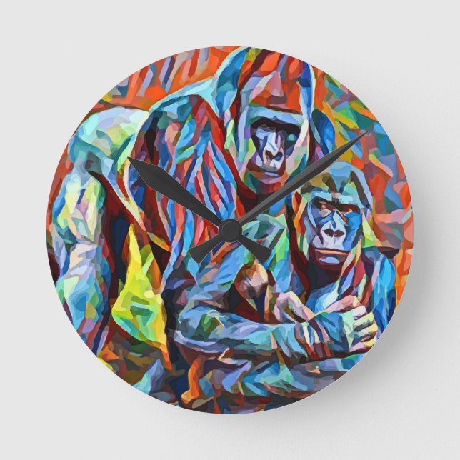 Gorilla Ape Family Abstract Animals Wildlife Art  Round Clock (Front)