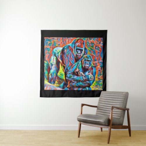 Gorilla Ape Family Abstract Animals Wildlife Art  Tapestry