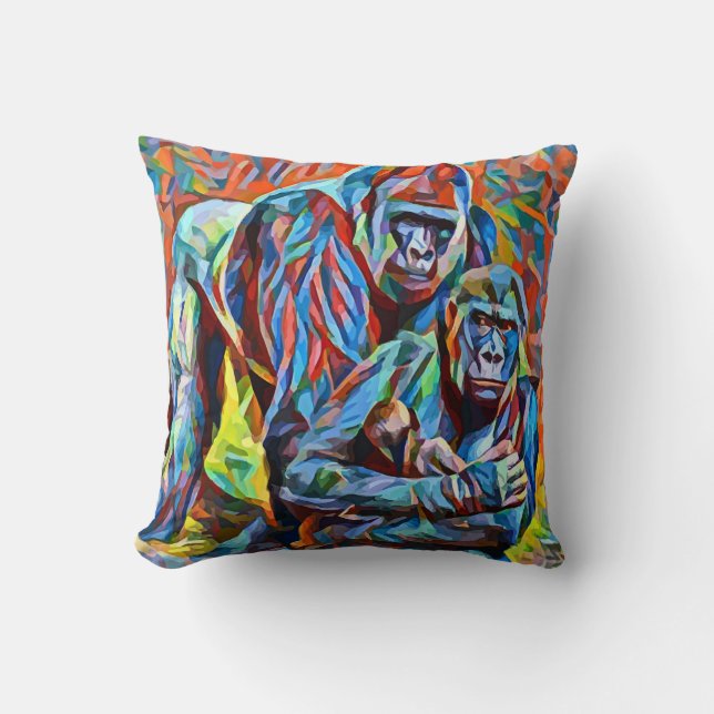 Gorilla Ape Family Abstract Animals Wildlife Art  Throw Pillow (Front)