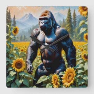 Gorilla Ape In A Field Of Sunflower Square Wall Clock