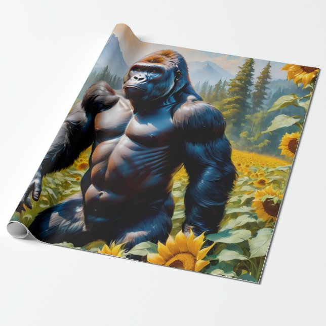 Gorilla Ape In A Field Of Sunflower Wrapping Paper (Unrolled)