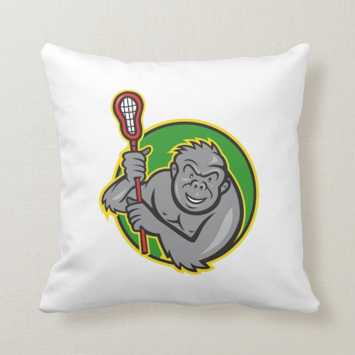 Gorilla Ape With Lacrosse Stick Cartoon Pillow