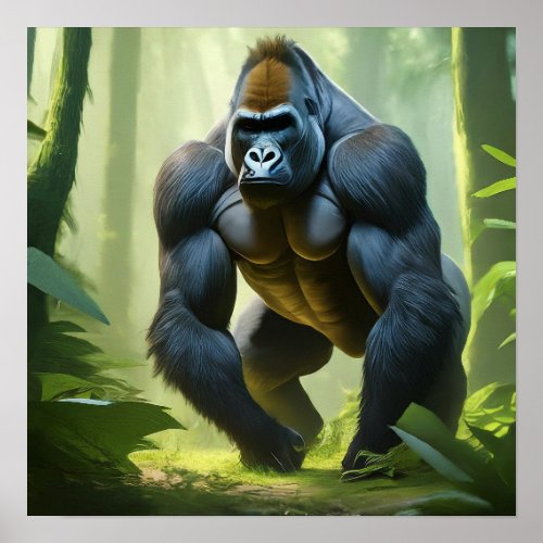  gorilla beating its chest in a forest poster