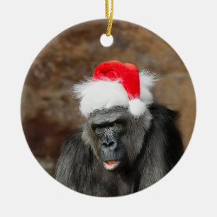 Gorilla Biddy in a Festive Christmas Hat Ceramic Ornament