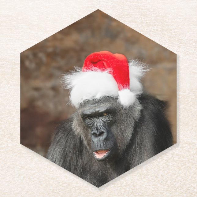 Gorilla Biddy in a Festive Christmas Hat Paper Coaster (Front)