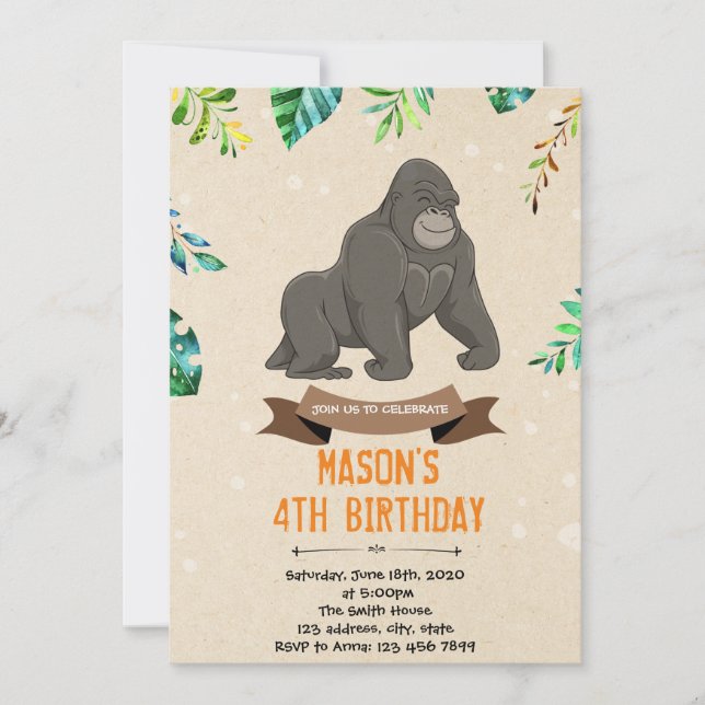Gorilla birthday shower invitation (Front)