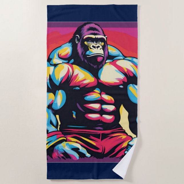 Gorilla Bodybuilder Lifter Pop Art Cartoon Beach Towel (Front)