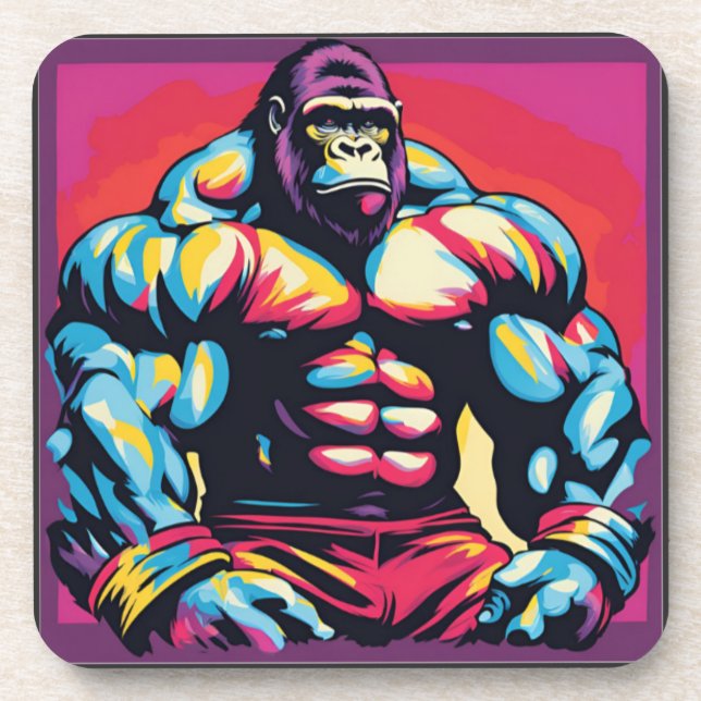 Gorilla Bodybuilder Lifter Pop Art Cartoon Beverage Coaster (Front)