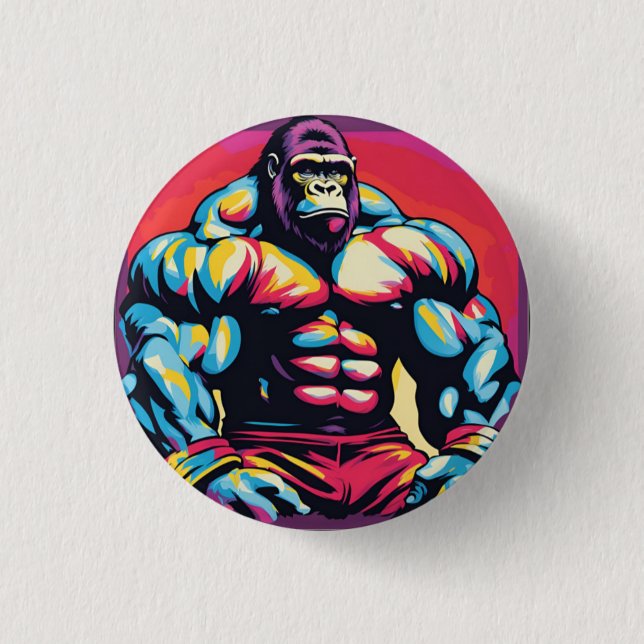 Gorilla Bodybuilder Lifter Pop Art Cartoon Button (Front)