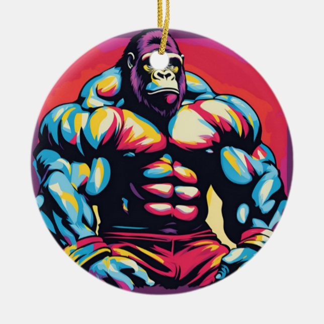 Gorilla Bodybuilder Lifter Pop Art Cartoon Ceramic Ornament (Front)