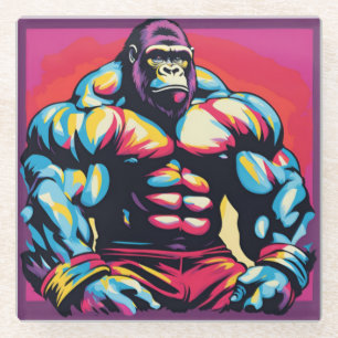 Gorilla Bodybuilder Lifter Pop Art Cartoon Glass Coaster