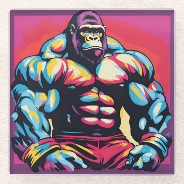 Gorilla Bodybuilder Lifter Pop Art Cartoon Glass Coaster (Front)