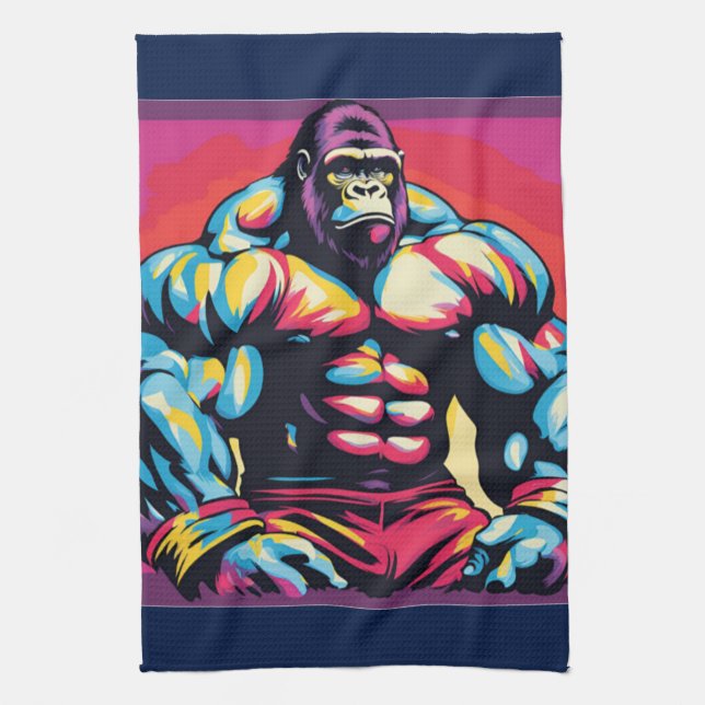 Gorilla Bodybuilder Lifter Pop Art Cartoon Kitchen Towel (Vertical)