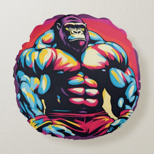 Gorilla Bodybuilder Lifter Pop Art Cartoon Round Pillow