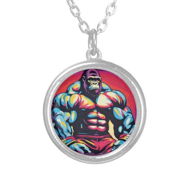 Gorilla Bodybuilder Lifter Pop Art Cartoon Silver Plated Necklace (Front)