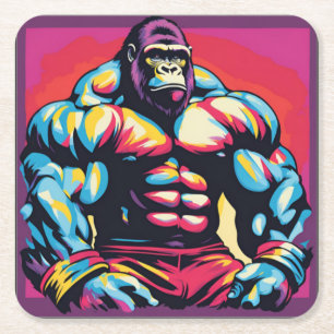 Gorilla Bodybuilder Lifter Pop Art Cartoon Square Paper Coaster