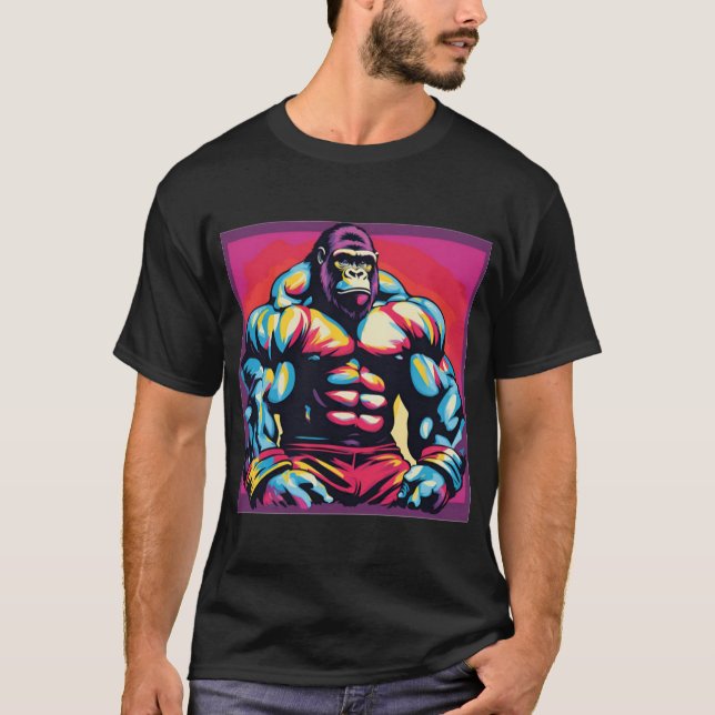 Gorilla Bodybuilder Lifter Pop Art Cartoon T-Shirt (Front)
