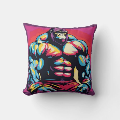 Gorilla Bodybuilder Lifter Pop Art Cartoon Throw Pillow