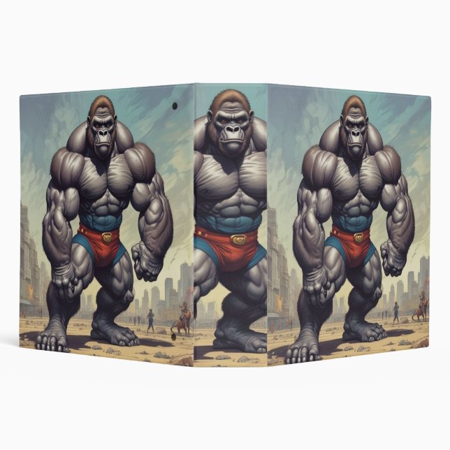 Gorilla Bodybuilder Pop Art Cartoon Drawing 3 Ring Binder (Background)