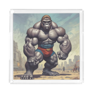 Gorilla Bodybuilder Pop Art Cartoon Drawing Acrylic Tray