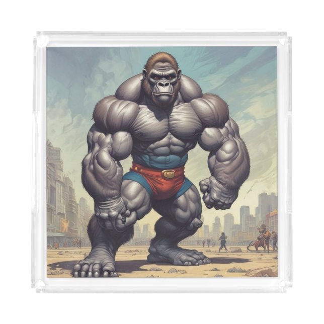 Gorilla Bodybuilder Pop Art Cartoon Drawing Acrylic Tray (Front)
