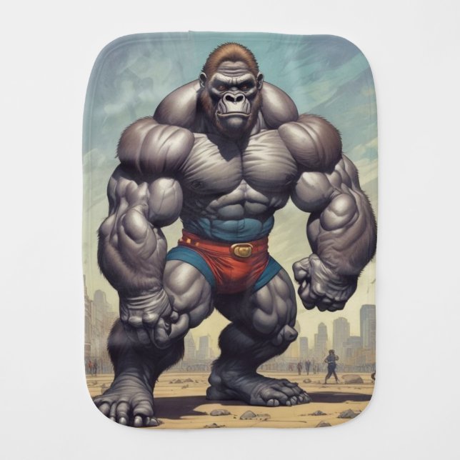 Gorilla Bodybuilder Pop Art Cartoon Drawing Baby Burp Cloth (Front)