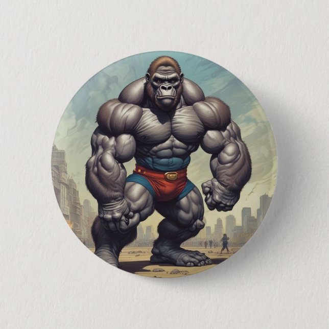 Gorilla Bodybuilder Pop Art Cartoon Drawing Button (Front)