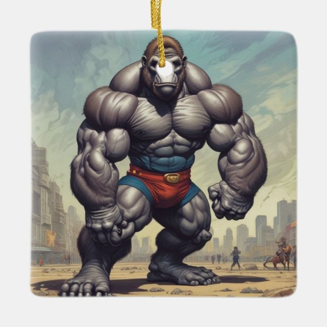 Gorilla Bodybuilder Pop Art Cartoon Drawing Ceramic Ornament (Front)